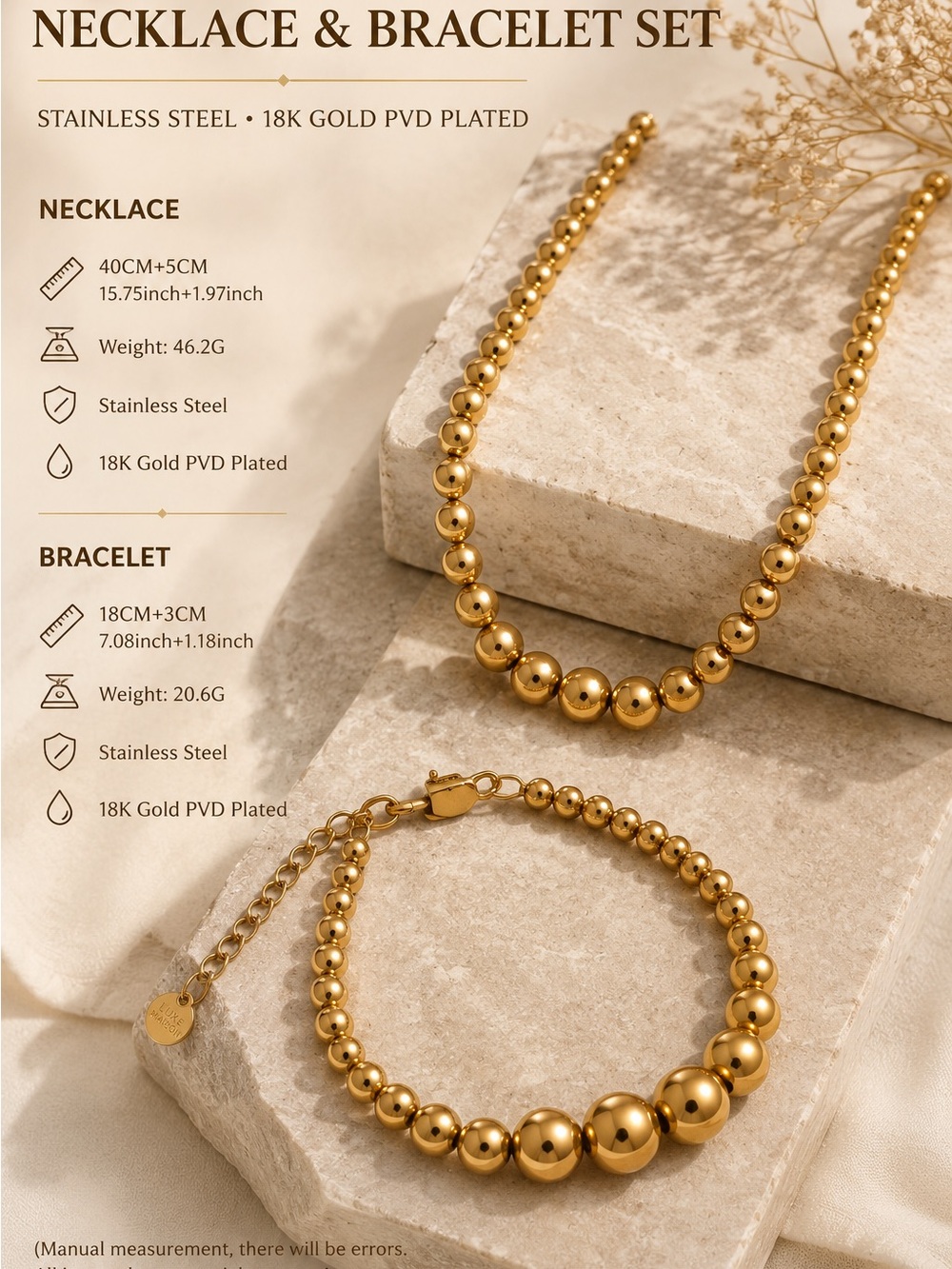 Shiny Gold Beaded Necklace and Bracelet Set. 18 K gold plated - Picture 2 of 9